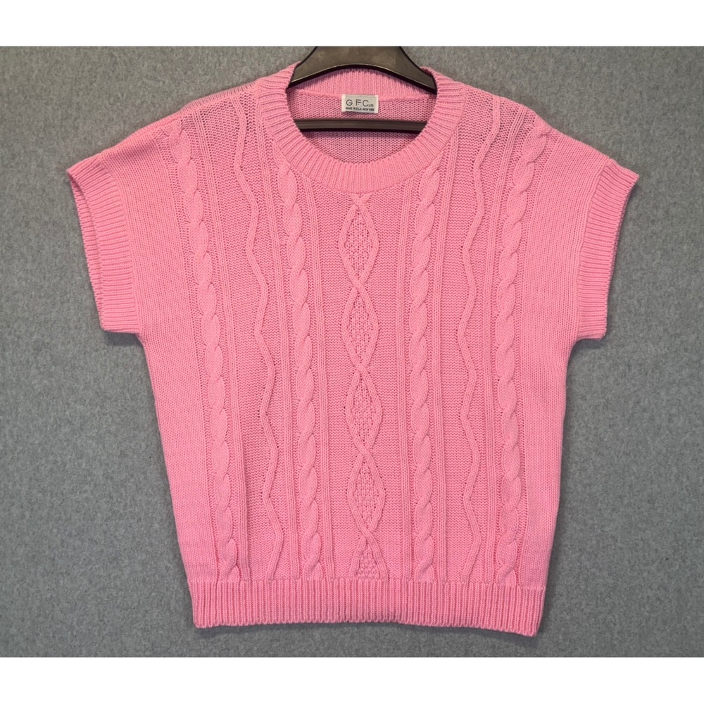 Vintage GFC LTD Pink Cable Knit Short Sleeve Sweater Made in USA Crew Neck XL